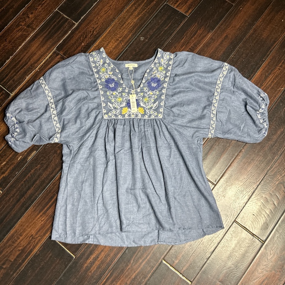 Boho embroidered quarter sleeve top hippie casual indie cottage classic